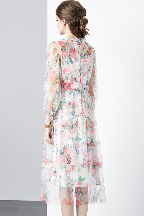 Runway Fashion Mesh Floral Ruffle Trim Terrific Gorgeous Cocktail, Party, Wedding Guest Renaissance Dress